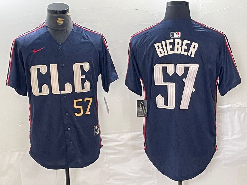 Men Cleveland Indians #57 Bieber Blue City Edition Nike 2024 MLB Jersey style 2